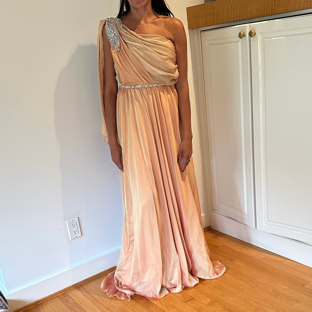 Couture One-Shoulder Peach Evening Gown with Beaded Detail
